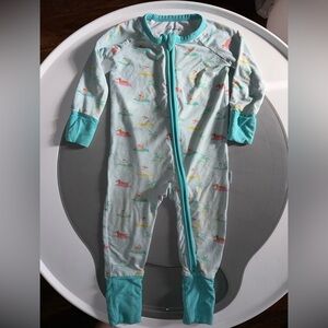 Charming Teal Kids Footie with Playful Island Dog Print, Convertible Sleeper